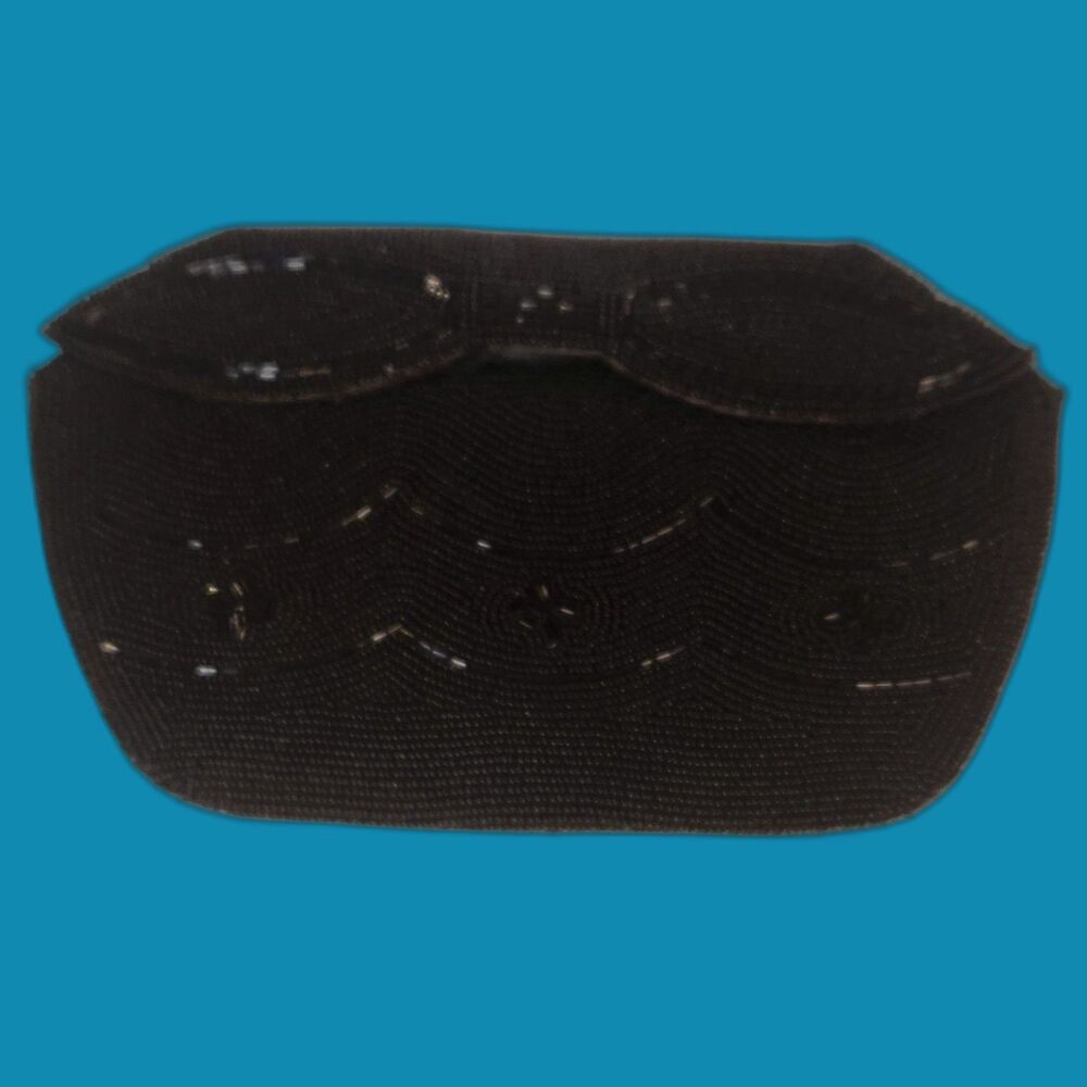 Black Beaded Evening Clutch Bag Bow Flap Scalloped Micro Seed Bead Purse Vintage